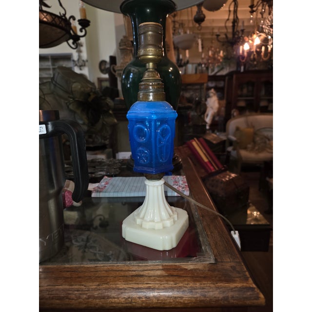 American Mid 19th Century Star and Punty Blue Glass Font Lamp For Sale - Image 3 of 7