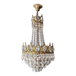 1970s Basket Brass Empire Crystal Lustre Art Nouveau Gold Chandelier For Sale