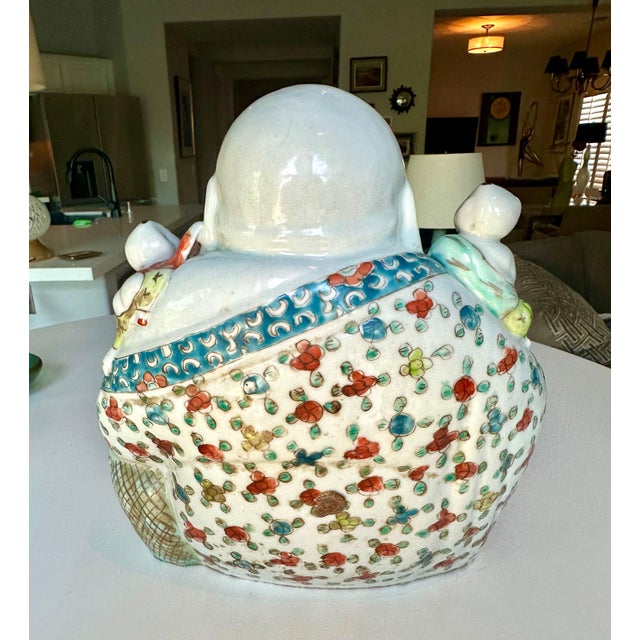 Rose Antique Qing Chinese Famille Rose Porcelain Statue Laughing Buddha For Sale - Image 8 of 17