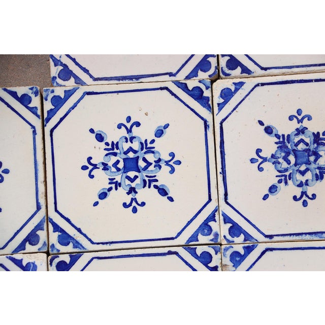 1920s Antique 1920s Portuguese Ceramic Tiles With Stylized Art Deco Rosette Motif Set of 14 For Sale - Image 5 of 18
