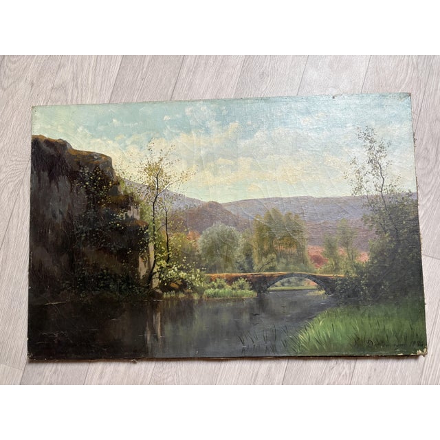 Léon Dallemagne, Landscape, Bridge Forest, 1884, Oil on Canvas For Sale - Image 4 of 4