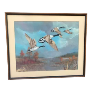Vintage Late 20th Century Embroidered Geese Framed Textile Art