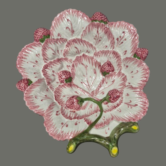 Mid-Century Modern Vintage Majolica Strawberry Berry Leaf Serving Plate "Nuwwirth" Portugal For Sale - Image 3 of 6