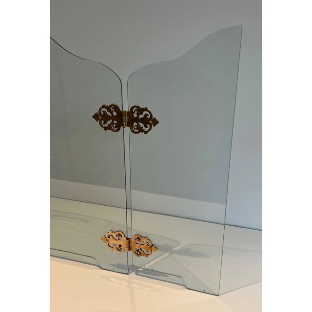 Transparent Glass Fireplace Screen with Bronze Hinges For Sale - Image 8 of 13