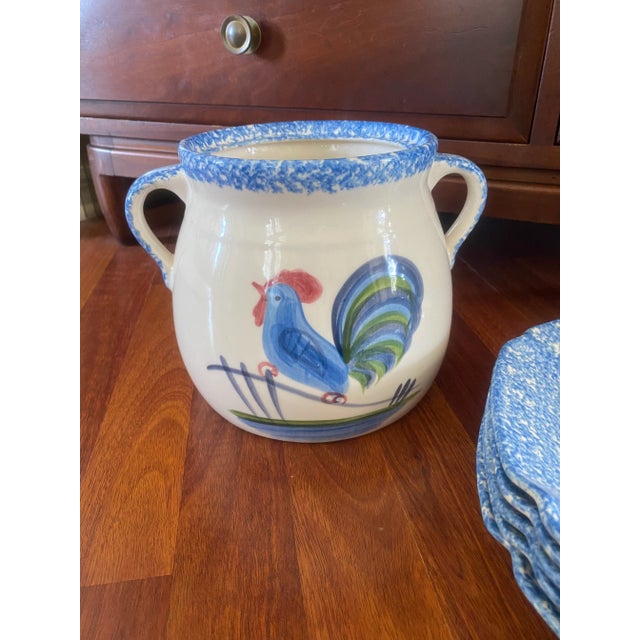 Ceramic Vintage Rustic Farmhouse Country Blue Stipple Rooster Los Angeles Potteries Dish Set- 24 Pieces For Sale - Image 7 of 9