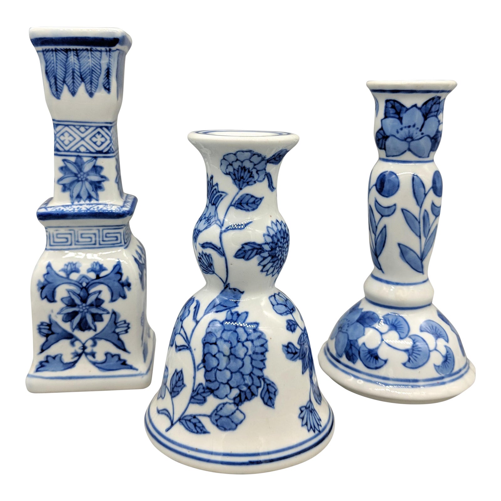 Vintage Blue and White Chinoiserie Candlesticks Set of 3 Chairish