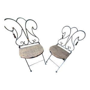 Vintage Pair of Vintage Wrought Iron Garden Chairs With Woven Rattan Seats