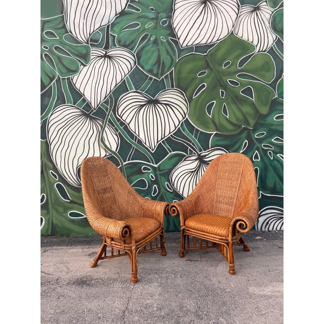 Stunning Statement wingback chairs & very rare attributed to Ralph Lauren. Handcrafted very solid structure bamboo & rattan.