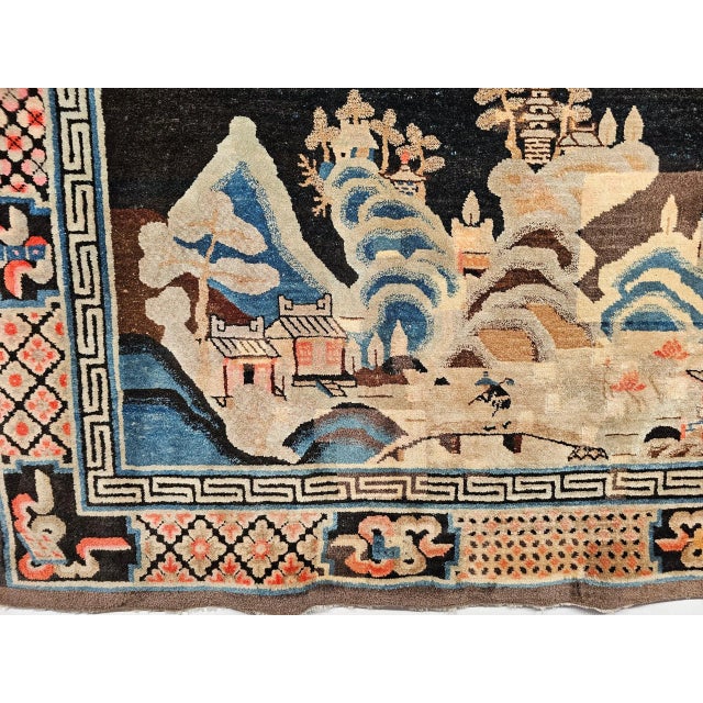 Antique Ningxia Pictorial Rug, Wool Pile, Scenic Landscape, Western China, 1890s For Sale - Image 9 of 12