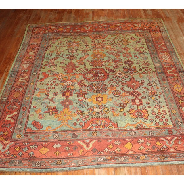 Room Size Green Antique Square Oushak Rug For Sale - Image 4 of 10