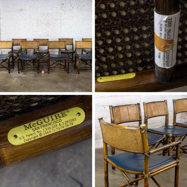 Late 20th Century Campaign Style Set of 8 Dining Chairs by McGuire Rattan Cane & Navy Leather For Sale - Image 13 of 18