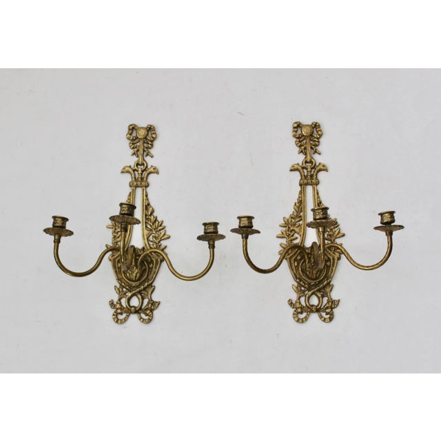 Vintage Russian Style Brass Ornate Three Candle Candelabra Wall Sconce-a pair In good vintage condition, these are pair...