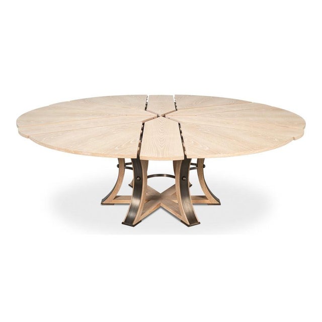 Transitional Round Dining Table, Large - Bleached Oak With Hammered Iron Base For Sale - Image 4 of 11