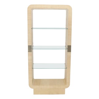 Raffia Cloth Finished Rounded Angles Étagère Display Unit Glass Shelves For Sale