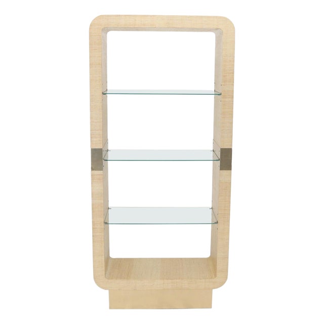 Raffia Cloth Finished Rounded Angles Étagère Display Unit Glass Shelves For Sale