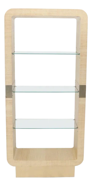 Raffia Cloth Finished Rounded Angles Étagère Display Unit Glass Shelves
