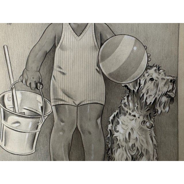 American 1940s Original Schrock Signed Graphite Illustration of Child With Beach Ball, Dog and Sand Pail, 13.5 × 10.75 In. For Sale - Image 3 of 8