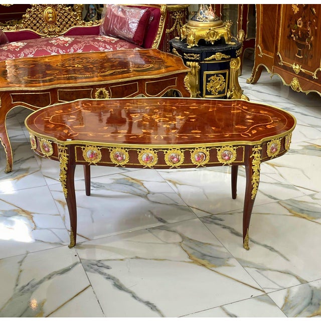 French Style Coffee Table – Wood With Bronze Accents For Sale - Image 4 of 4
