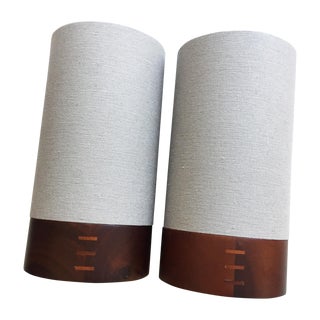 Fabric Pendants With Teak Base - a Pair For Sale