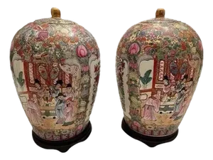 Mid 20th Century Vintage Large Chinoiserie Ginger Jars- A Pair