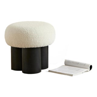 Modern Boucle White Ottoman With Solid Wood Legs - Brand New For Sale