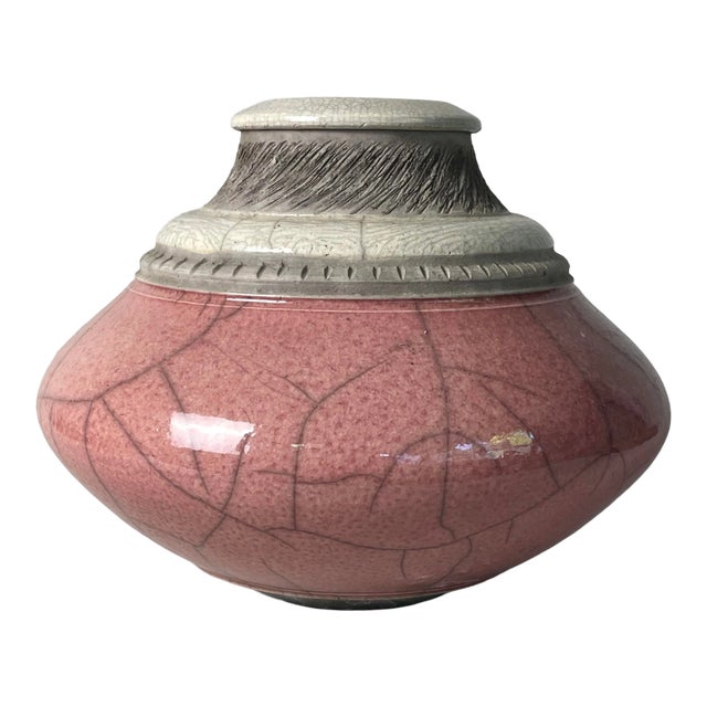 Vintage Pink Raku Fired Incised Ceramic Vessel, Signed (1993) For Sale