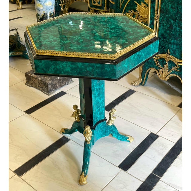 2010s French-Inspired Geometric Center Table – Green Marbled Finish, Gold Leaf Trim & Sculptural Gilded Details For Sale - Image 5 of 5
