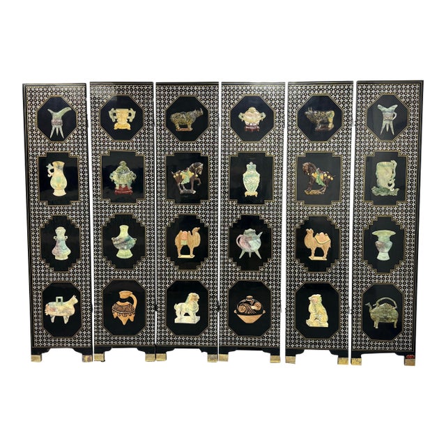 Chinese Mother-of-Pearl “Hundred Antiques” Six Panel Screen For Sale