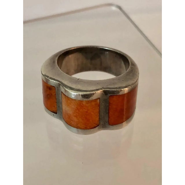 Metal Peruvian Modernist Inlay Carnelian Agate and Sterling Ring Size 7 For Sale - Image 7 of 11