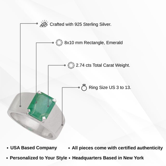 Contemporary Wide Band Octagon 2.74 Ct Green Emerald Statement Signet Ring in Silver Size 7 For Sale - Image 12 of 15