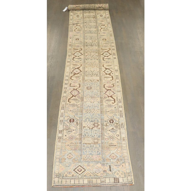 Turkish Long Turkish Anatolian Geometric Soft Blue Beige Pink Runner rug no. j5319 For Sale - Image 3 of 7