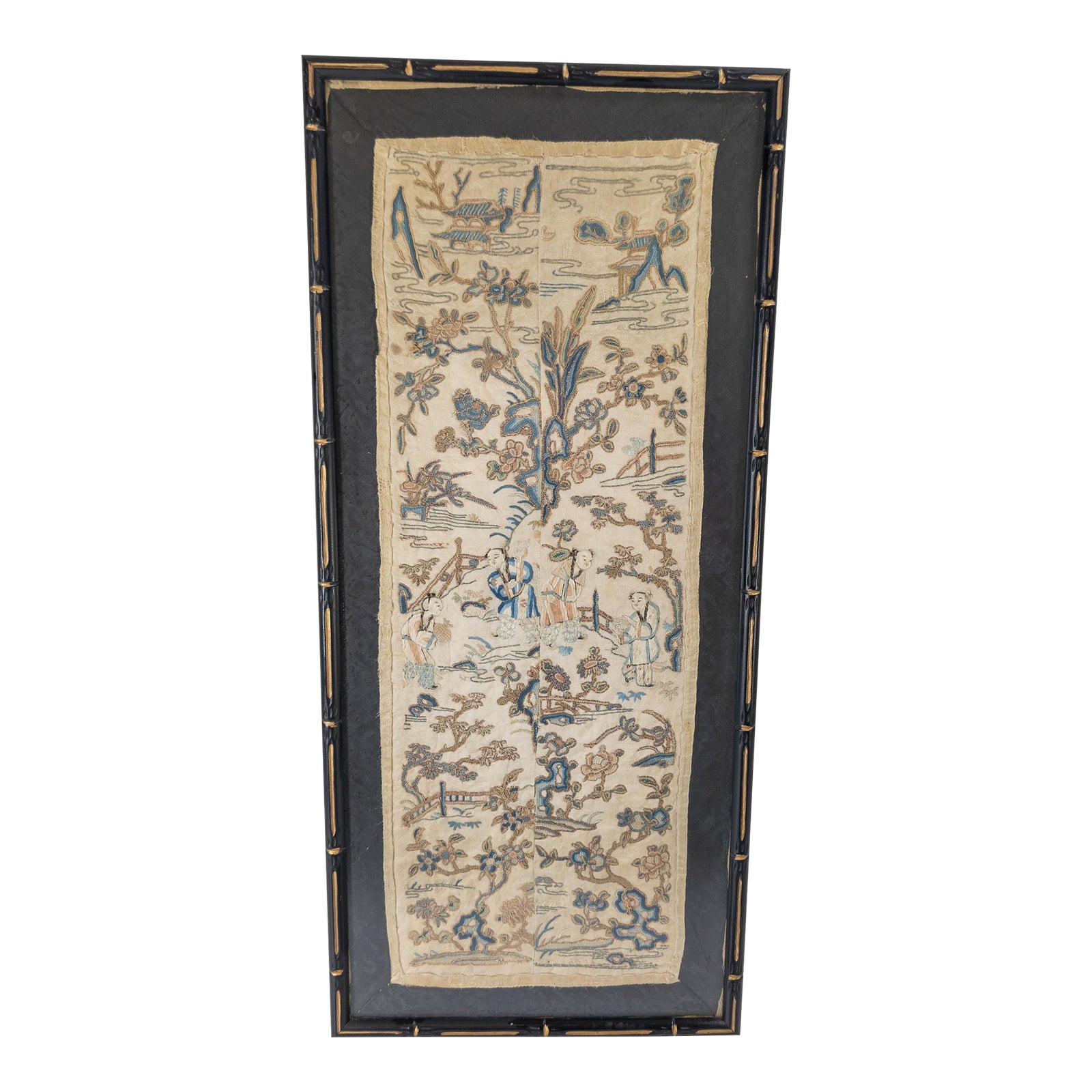 19th Century Chinese Silk Embroidered Framed Robe Sleeve Panels With ...