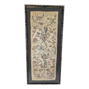 19th Century Chinese Silk Embroidered Framed Robe Sleeve Panels With Forbidden Stitch