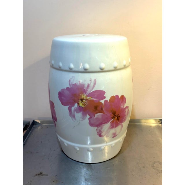 White / Pink Flower Chinese Ceramic Garden Stool For Sale - Image 4 of 6