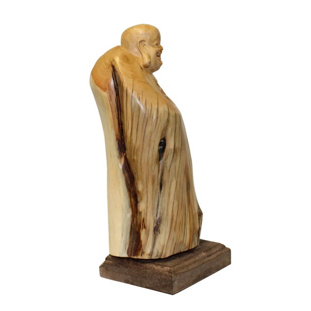 This is a handmade Chinese accent decorative statue of Happy Buddha from natural raw wood with an irregular shape....