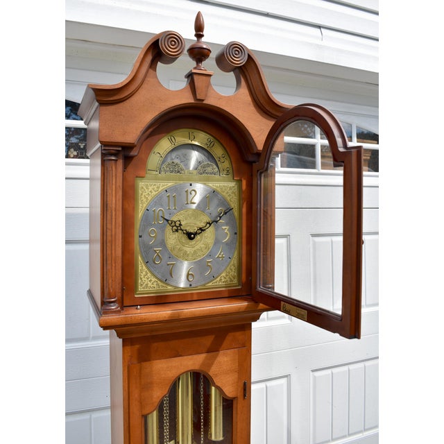 Wood Colonial Cherry Grandfather Clock Vintage Moon Dial Triple Weights Chime For Sale - Image 7 of 18