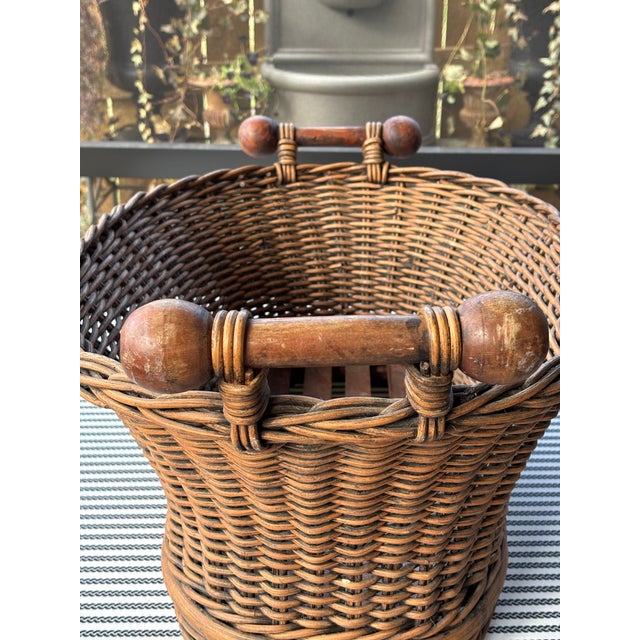 Vintage French Wicker Basket With Turned Wood Handles & Wood Slatted Base For Sale - Image 15 of 16