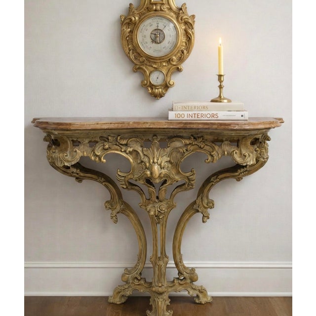 Rococo Mid-Century French Rococo Carved Pine Console Table With Rouge Marble Top For Sale - Image 3 of 5