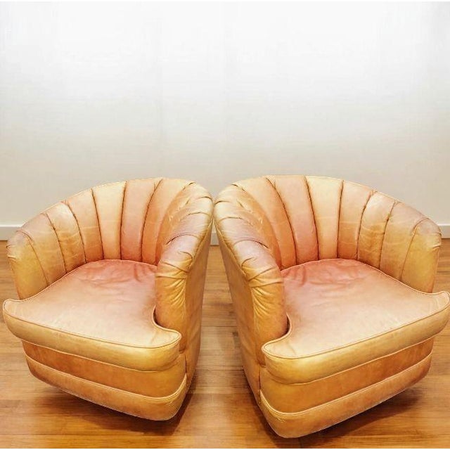2000 - 2009 Pair of Swivel Barrel Full Grain Leather Chairs by Expressions Furniture For Sale - Image 5 of 8