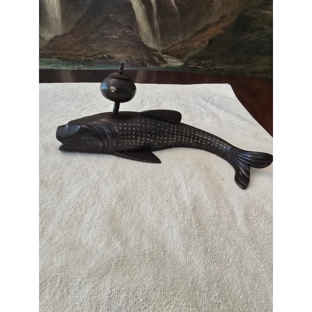 A museum quality antique fish form inkwell with 22k gold inlay decoration ( guaranteed 150 years old or older with gold...