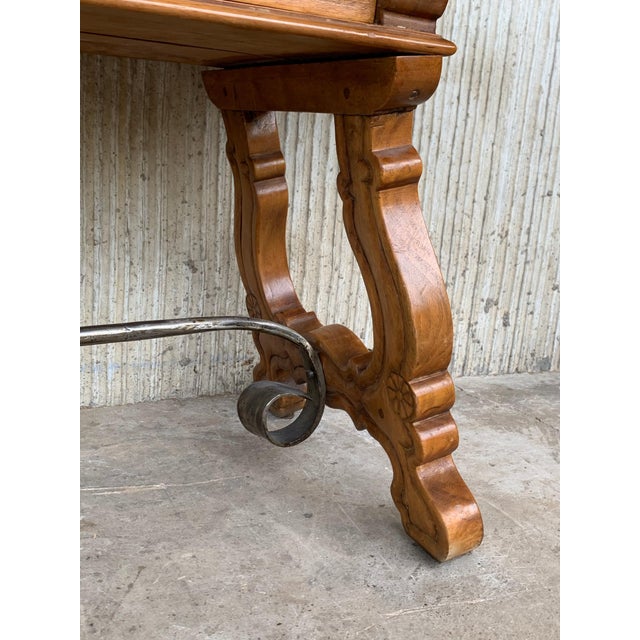 Brown Late 19th Century Spanish Bench or Low Console Table with Drawers, Lyre Legs and Iron Stretcher For Sale - Image 8 of 18