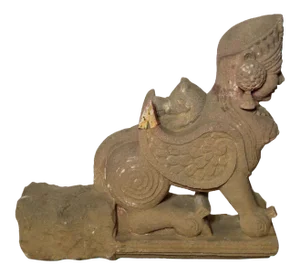 Indian Hand-Carved 19th Century Stone Sphinx Sculpture with Tiara and Earrings