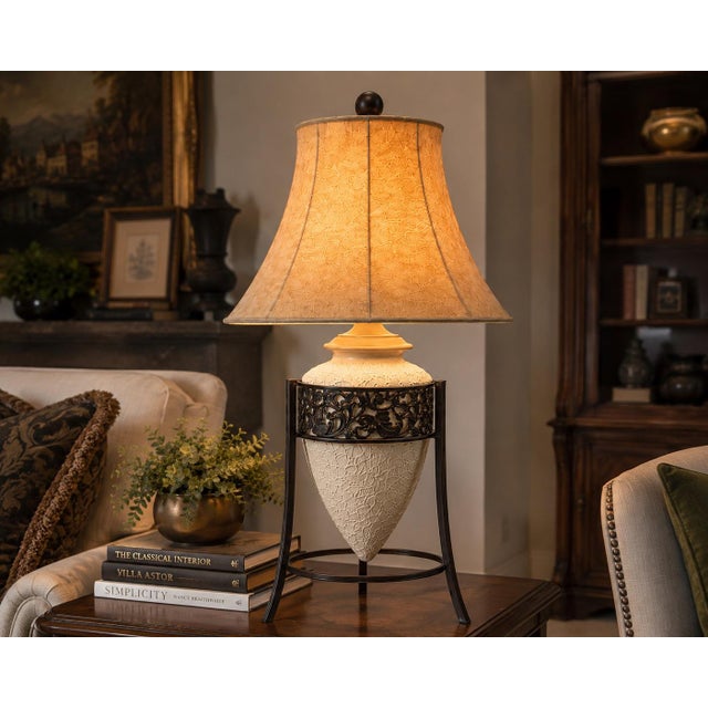 Mid 20th Century Vintage 1970s Mediterranean Textured Ceramic Urn Tripod Lamp With Original Shade For Sale - Image 5 of 5