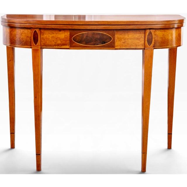 American Antique American Federal North Shore Inlaid Mahogany Demilune Games Table For Sale - Image 3 of 15