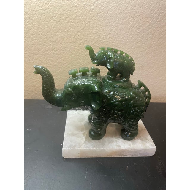1940s Exquisite Asian Carved Natural Jasper Jade 7” Trunk Up Elephant W/ Baby Elephant Symbol of Peace, Prosperity & Wisdom For Sale - Image 12 of 12