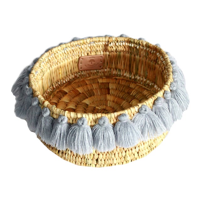Moroccan Grey Tassel Small Basket For Sale