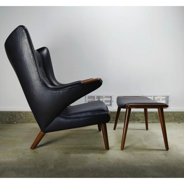 Mid 20th Century Hans Wegner A.P. Stolen Papa Bear Chair AP-19 & Ottoman Redone in Black Leather For Sale - Image 9 of 18