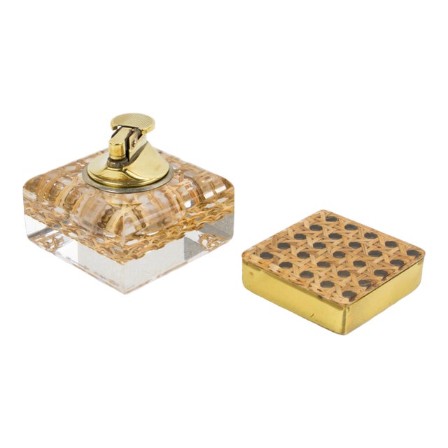 Lucite, Rattan and Brass Smoking Set Lighter and Box, 1970s For Sale
