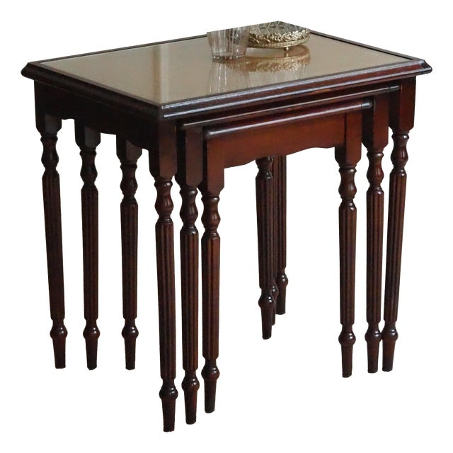 Regency Mahogany Nesting Tables with Glass Tops, Set of 3 For Sale
