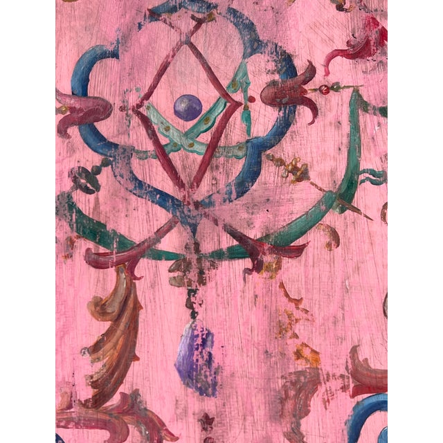 Pink Pair of Vintage Large Continental European Chinoiserie Oil on Leather Panel Paintings For Sale - Image 8 of 14